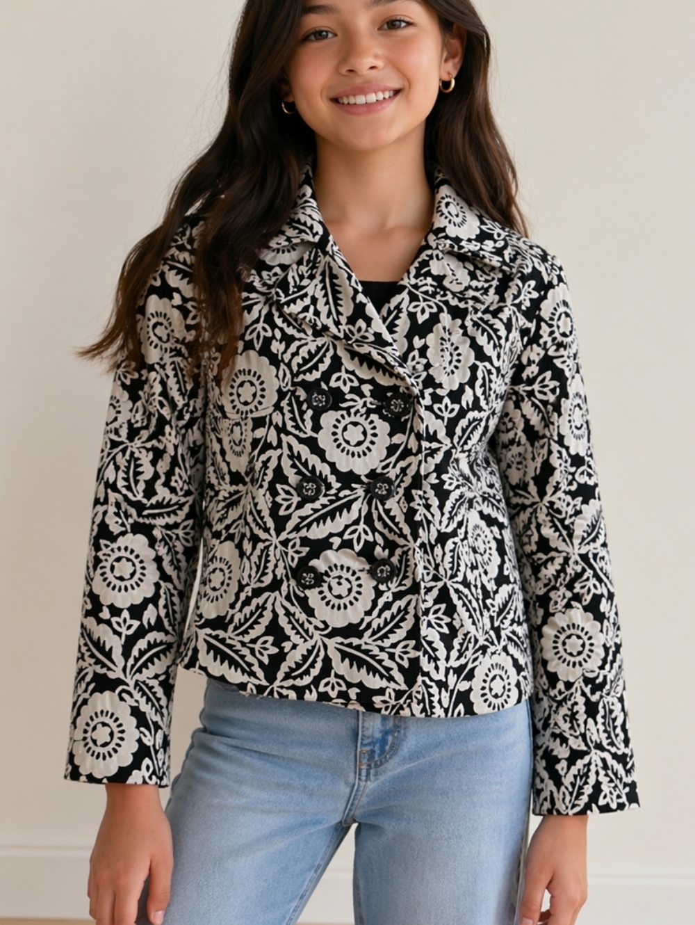 DOLLHOUSE Monochrome Floral Double Breasted Swing Jacket Size 10/12